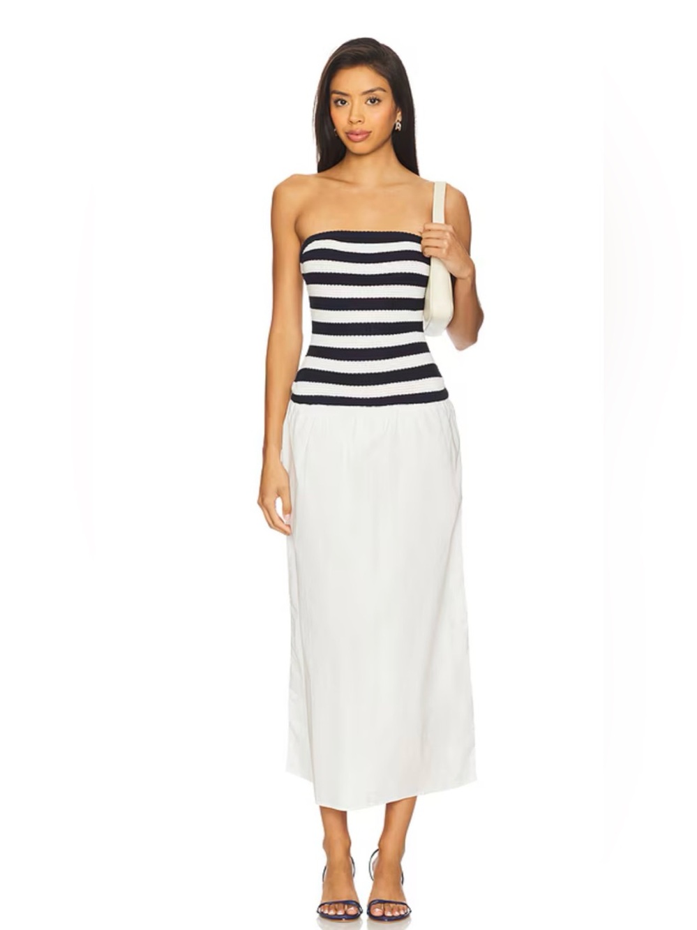 Onia Crochet Knit Poplin Maxi Dress in Deep Navy & White